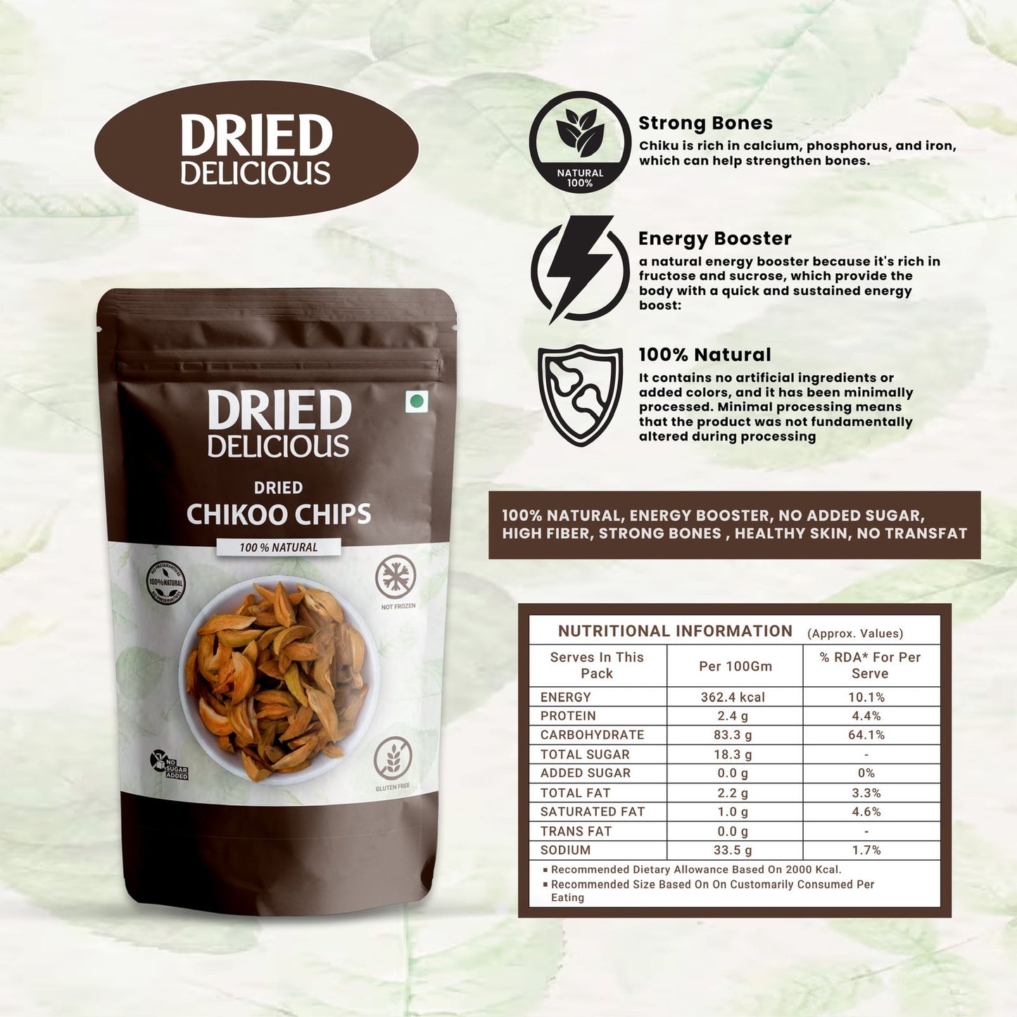 Dried Delicious 100% Natural Dried Chikoo Chips, 150g